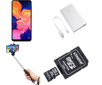 SAMSUNG GALAXY A10 + MICRO SD CARD + POWER BANK + SELFIE STICK